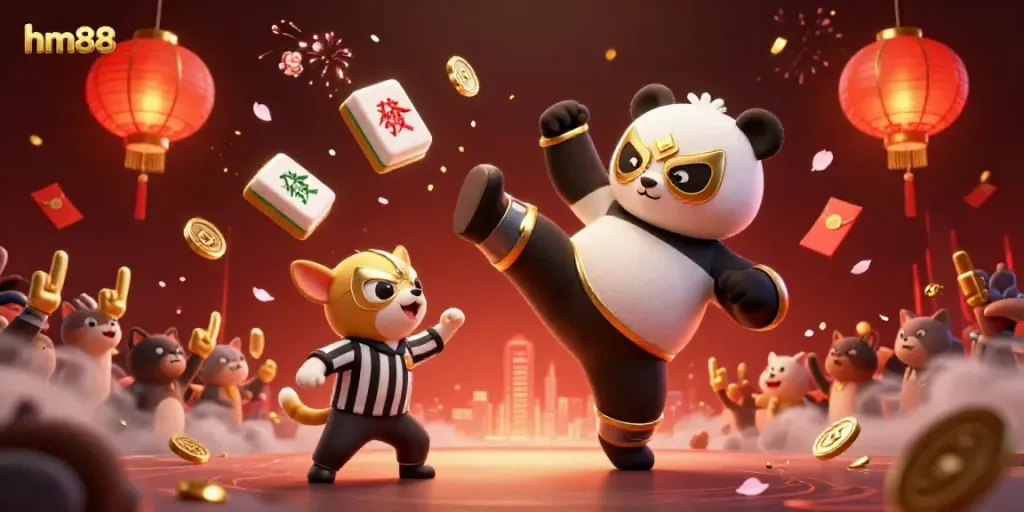 Engage in exciting gameplay with hm88 as the wrestler panda takes a flying kick amid festive gaming elements.