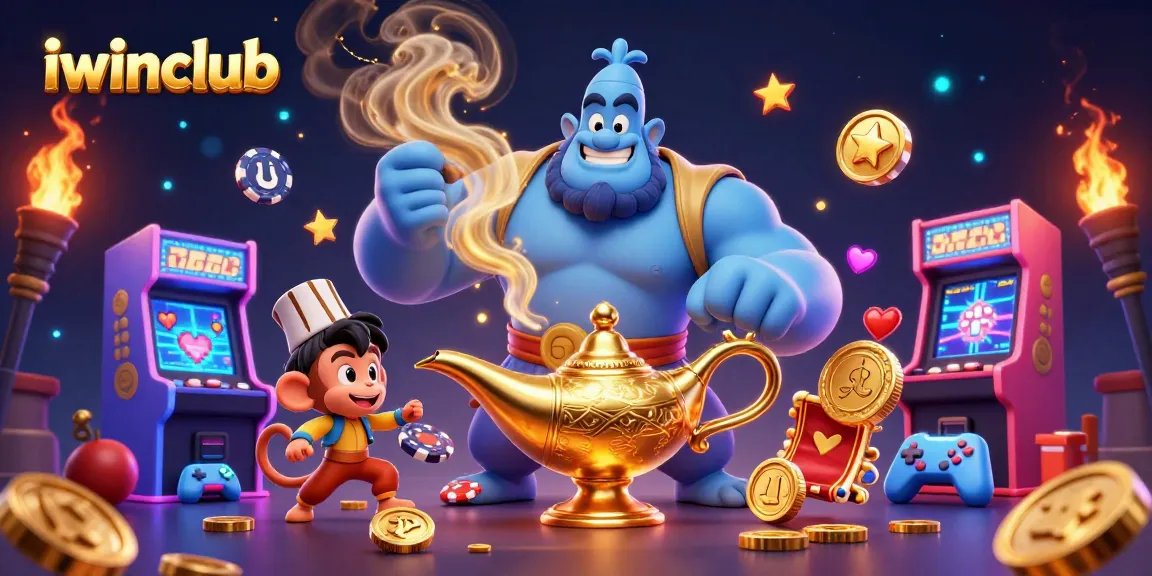 Experience thrilling gameplay at iwinclub with a vibrant casino scene featuring a genie, monkey, and poker chips.