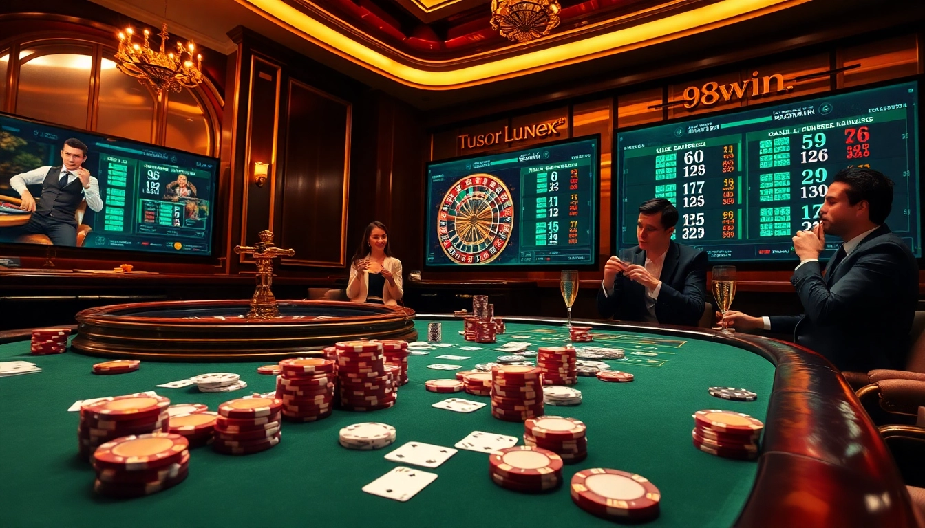 Join the excitement of gaming at 98win's lavish poker table with lively players and a spinning roulette wheel.