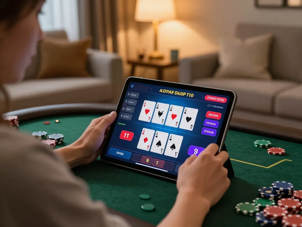 Engaging in online gaming using a tablet featuring the g28 link interface, showcasing poker gameplay.