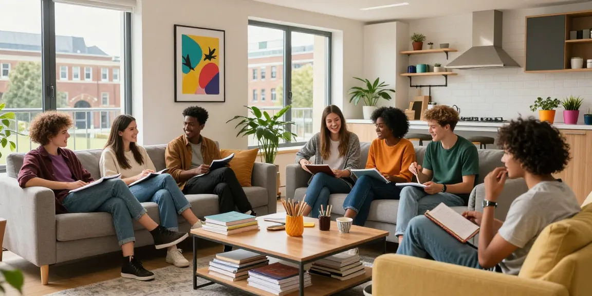 Students engaging in collaborative study in a modern Northampton student accommodation living space, highlighting comfort and community.