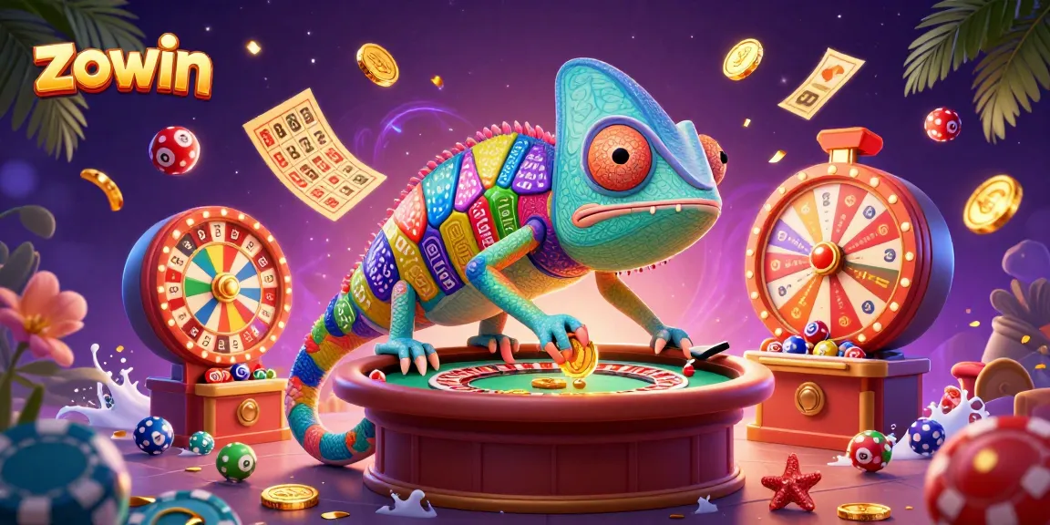 Zowin captivates in a vibrant casino scene with colorful game elements and energetic characters.