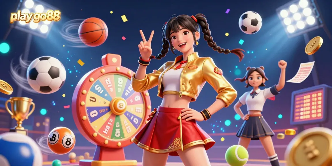 Engage in the action and excitement of play go88 with vibrant visuals featuring sports elements and prize wheels in a lively scene.