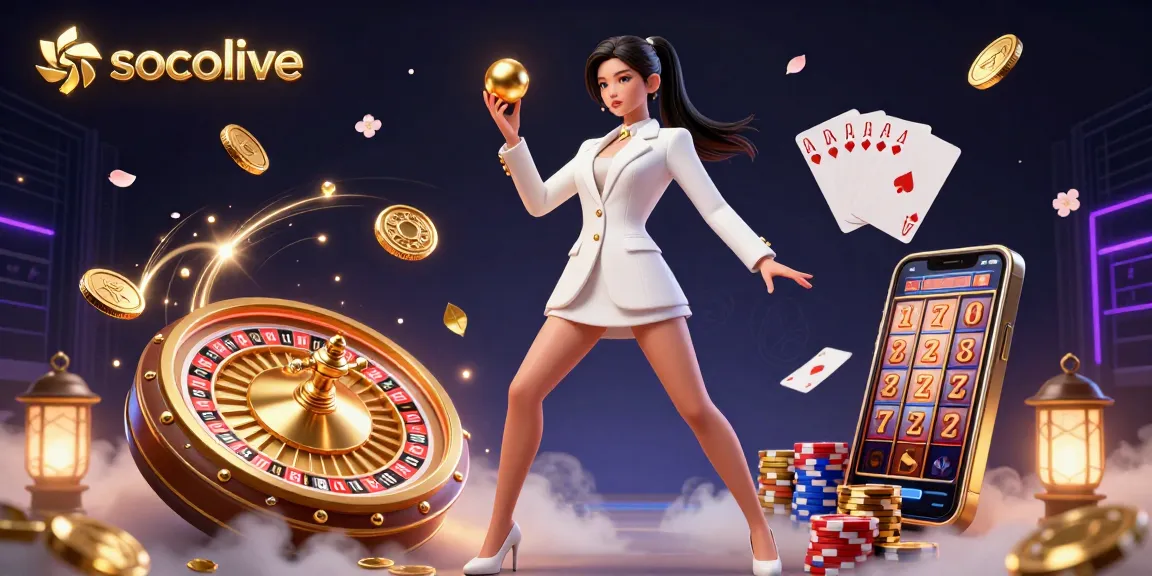 Socolive features a stunning Asian woman in a luxury casino scene, showcasing roulette and gold elements.