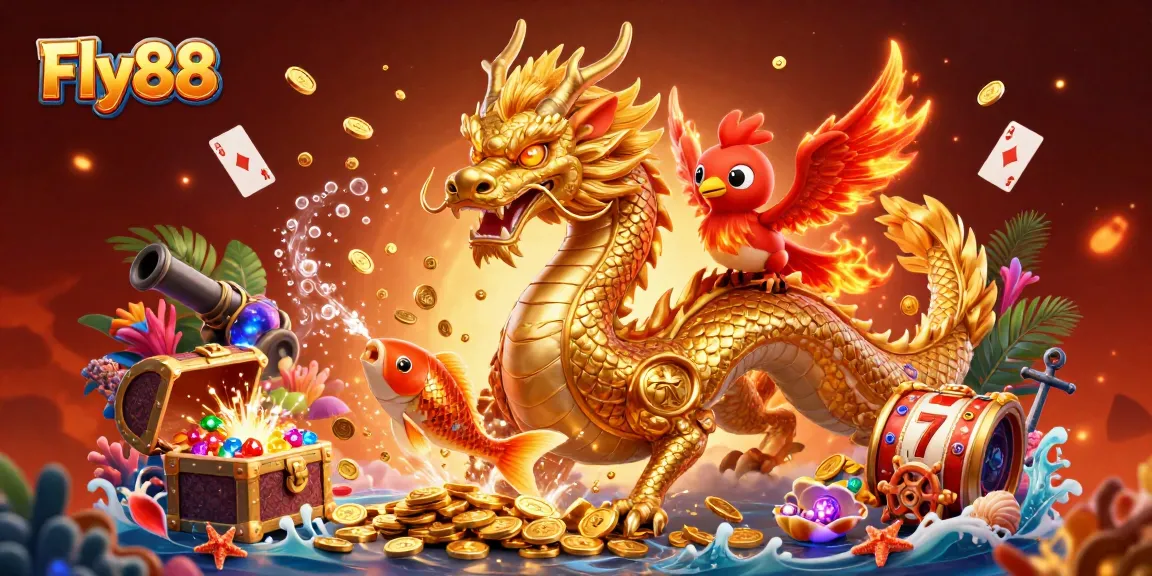 Experience the thrill of gaming at Fly88 with a dynamic 3D scene featuring a golden dragon, phoenix, and koi fish amidst vibrant casino elements.