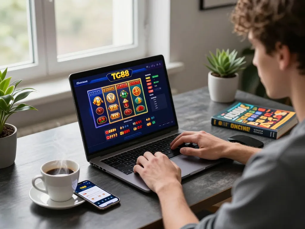 Engaging user at TG88 online casino interface on laptop with smartphone nearby for responsible gambling.