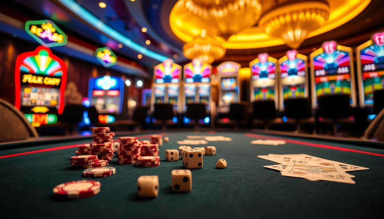 Experience the excitement of gambling at LC 88's vibrant casino tables with chips and cards.