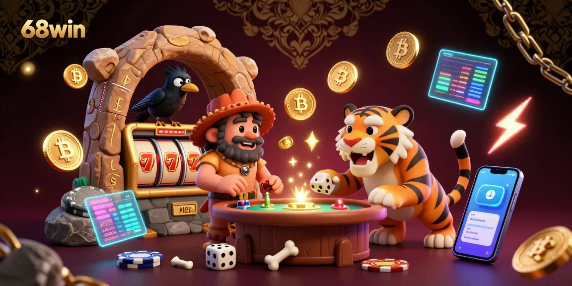 Enjoy the thrilling atmosphere of 68win, where cavemen and tigers run a lively casino filled with captivating game elements.