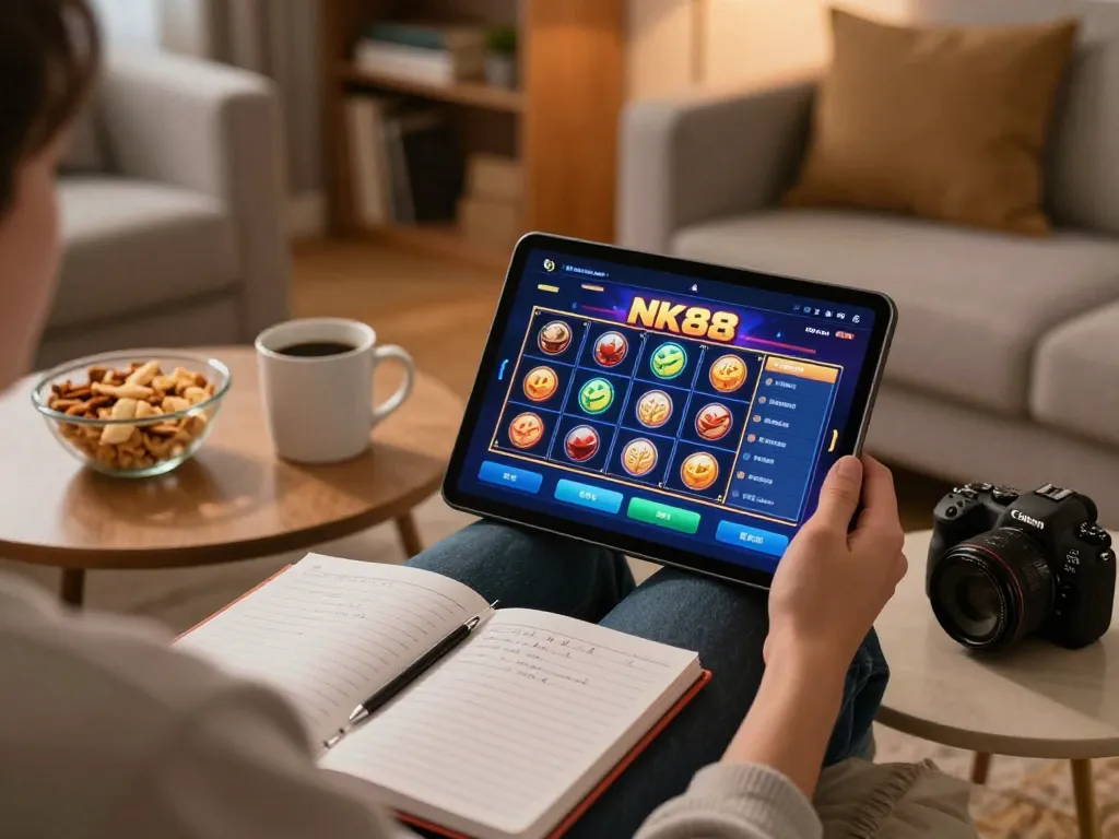 Engaging in NK88 slot gameplay on a tablet in a cozy living room setting.