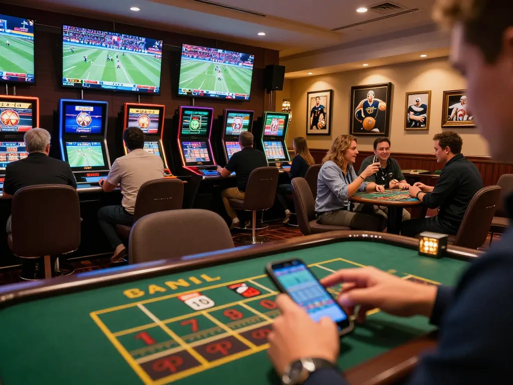 88vv patrons placing bets on live sports events in a luxurious casino atmosphere.