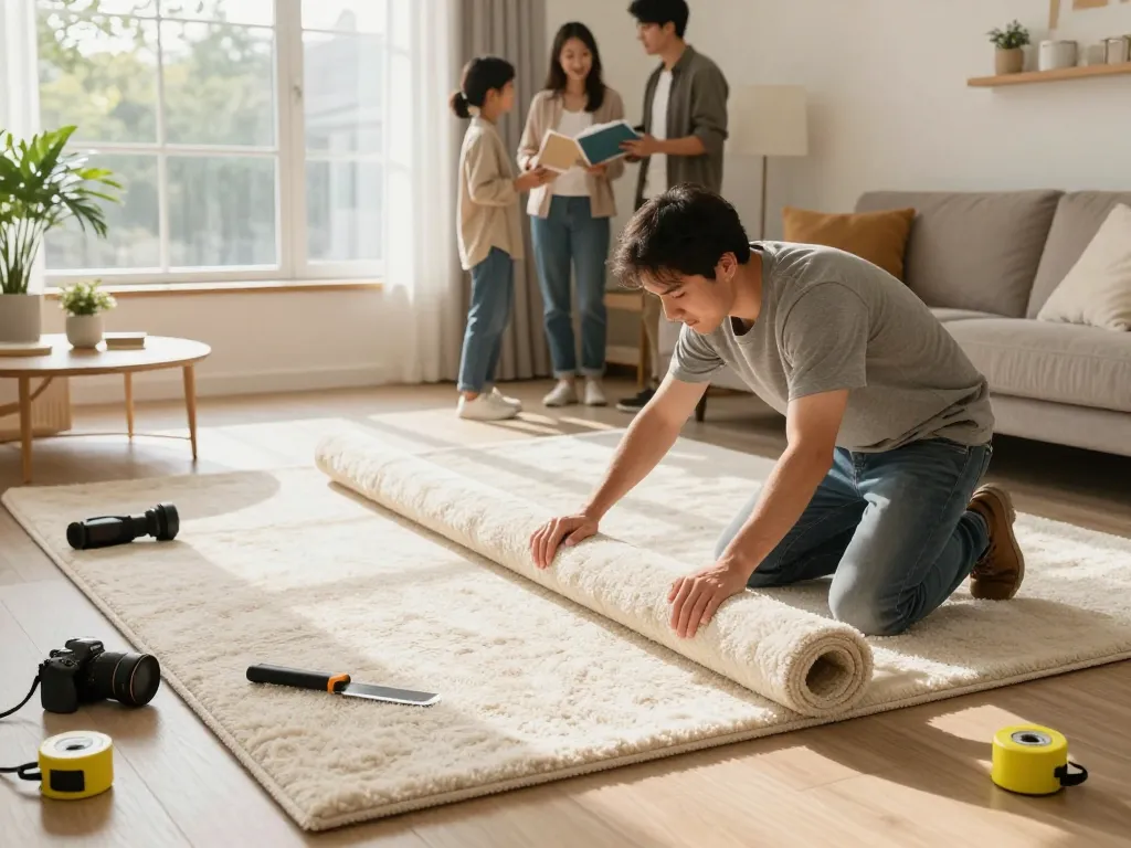 Professional carpet fitters near me installing plush carpet in a bright living room.