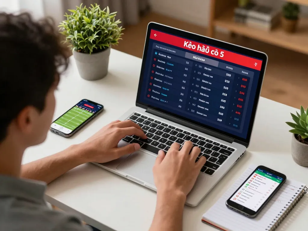 Kèo nhà cái 5 sports betting scene displaying live odds and betting options on a laptop.