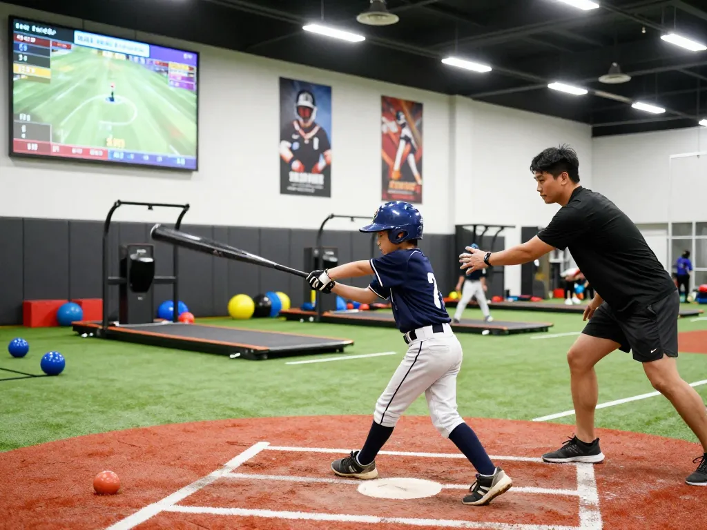 Young athlete training at the hit club indoor facility, practicing batting with a coach in a dynamic scene.