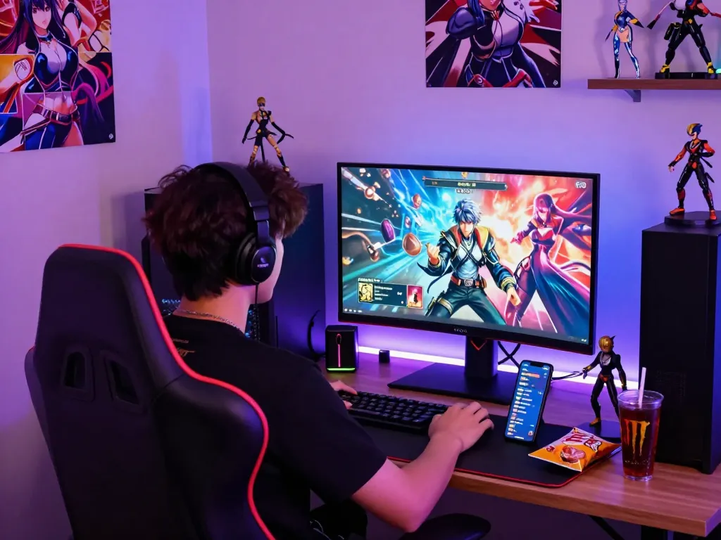 Engaging scene of a gamer enjoying a vibrant porn game on a high-resolution monitor surrounded by collectibles and snacks.