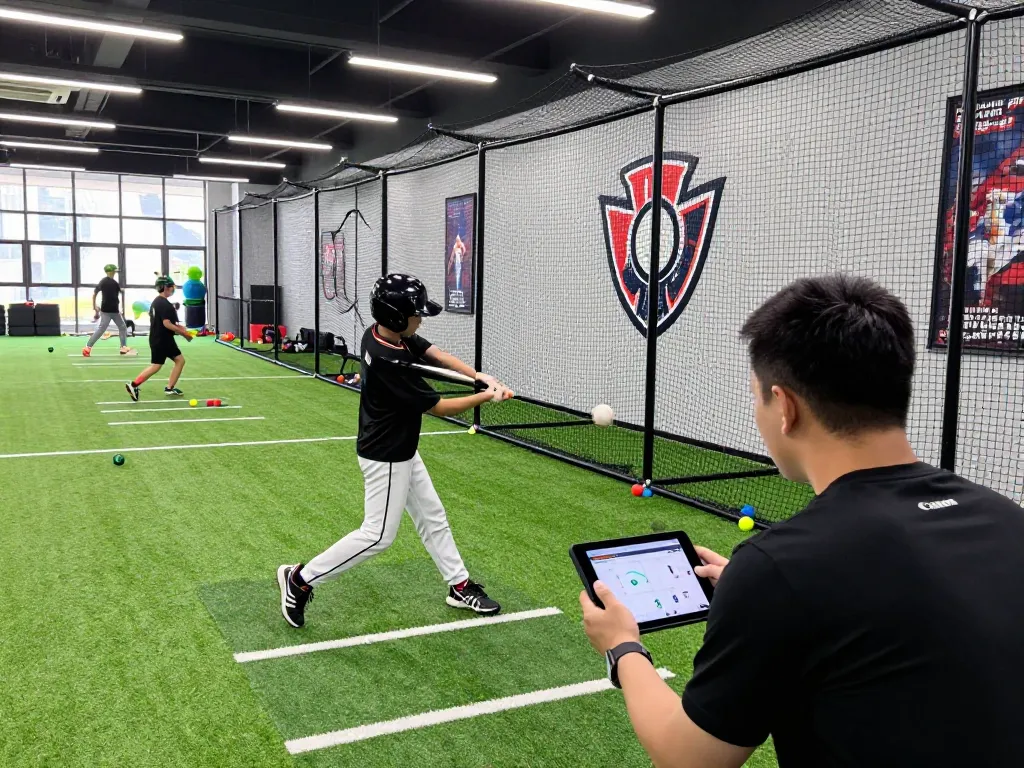 Hitclub baseball training scene featuring young athlete swinging bat in dynamic indoor facility