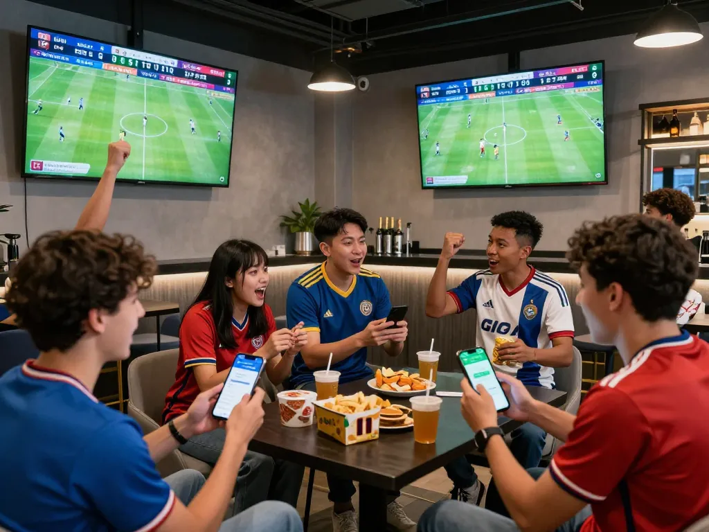 Fans engaging with nowgoal app for live football scores in a vibrant sports lounge.